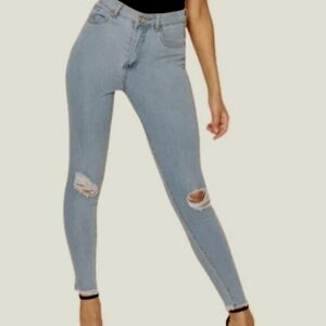 Boohoo Blue Distressed Ripped Knee Frayed Hem Skinny Jeans Women’s Size 10